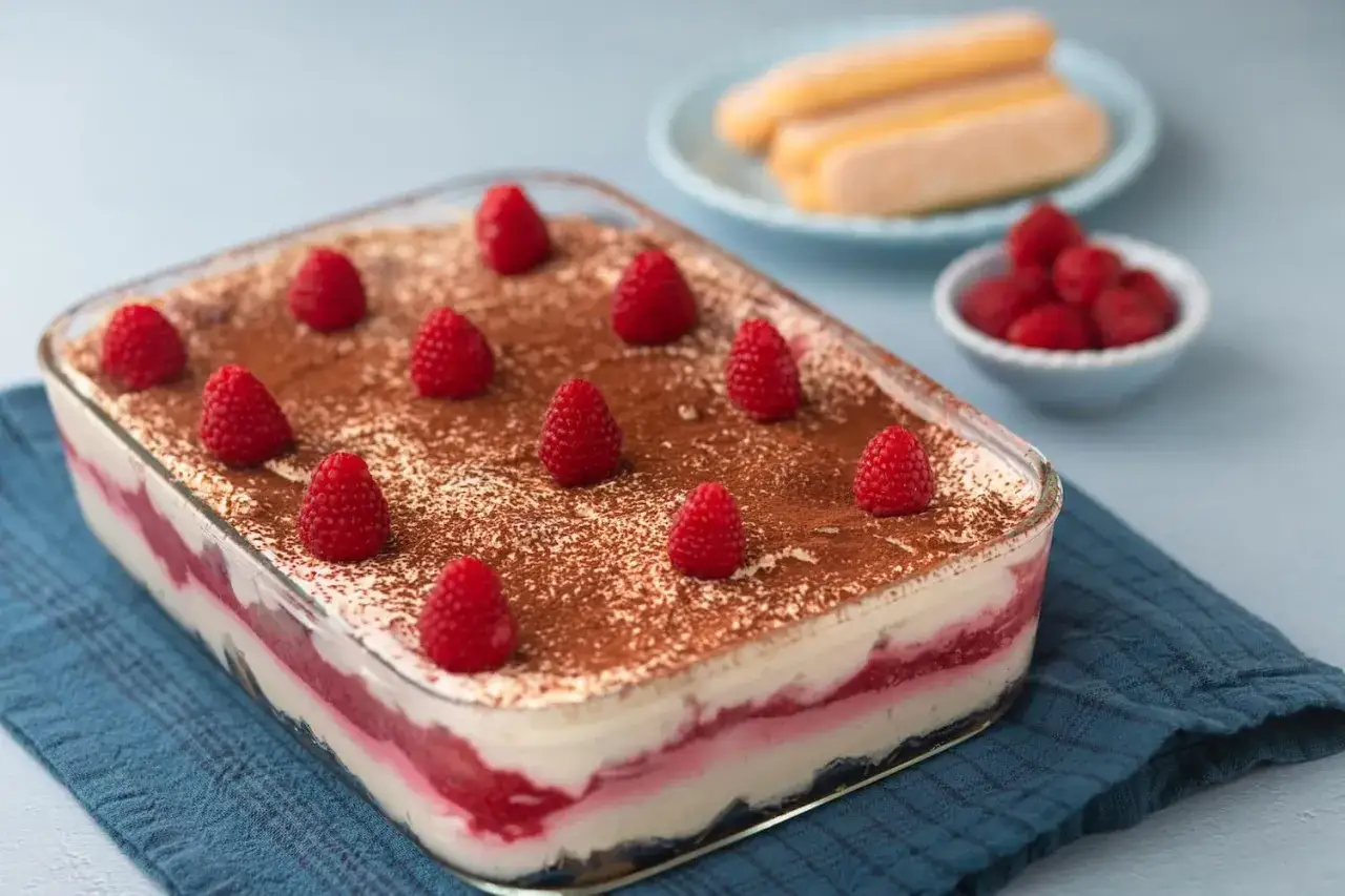 Himbeer Tiramisu in einer Glasform, bestreut mit Kakaopulver und garniert mit frischen Himbeeren. Ein k&ouml;stlicher Nachtisch!