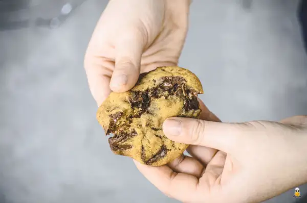 Hände halten einen zerbrochenen schoko cookie mit geschmolzener Schokolade.