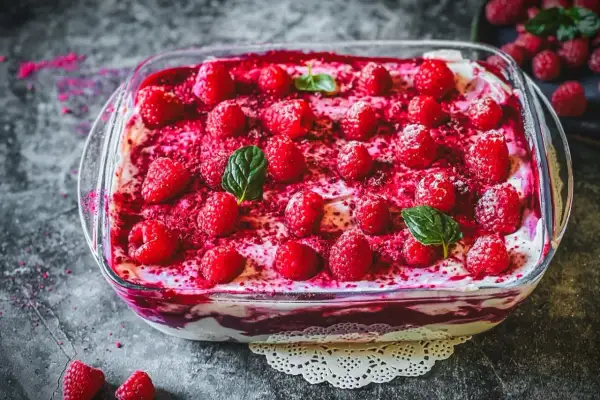 Himbeer Tiramisu in einer Glasschale, garniert mit frischen Himbeeren und Minze. Ein köstlicher Nachtisch.