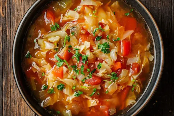 Herzhaftes Kohlsuppe Rezept mit viel Gemüse, wie Kohl, Karotten und Tomaten, garniert mit frischer Petersilie.