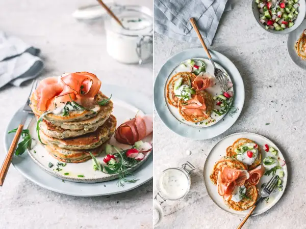 Deftige Pancakes mit Schinken, Kräuterquark und Radieschensalat. Ein herzhaftes Gericht, das Appetit macht.