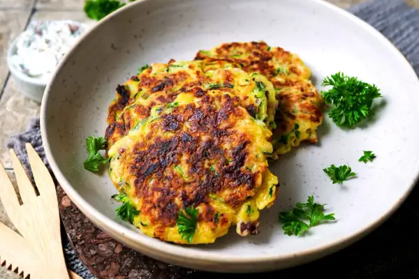 Goldbraune zucchini puffer, garniert mit Petersilie, liegen auf einem Teller. Daneben eine Schüssel mit Dip.