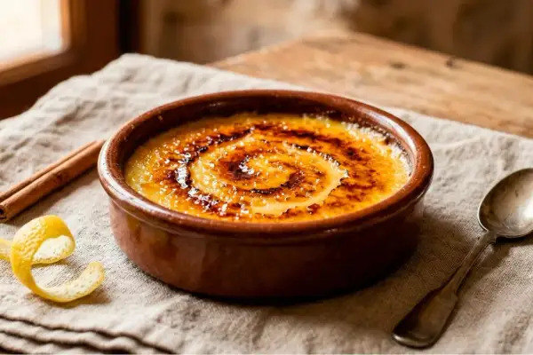 Cremige Crema Catalana mit karamellisierter Zuckerkruste, Zimtstange und Zitronenschale daneben.