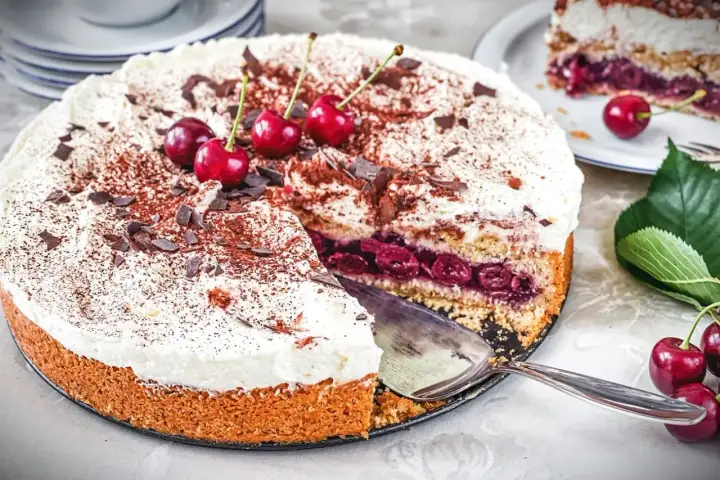Ein saftiger Feuerwehrkuchen mit Kirschen und Sahne, bestreut mit Kakao und Schokostückchen. Ein köstliches Rezept für jeden Anlass.